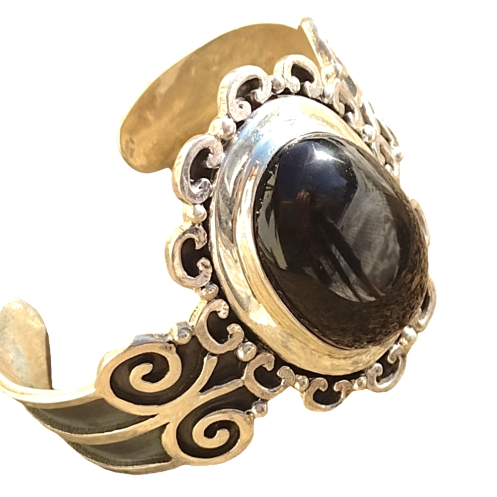 Vintage Mexico Sterling Silver Black Onyx Filigree Statement Cuff Bracelet